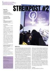 Streikpost 2, erste Seite: Foto zeigt Menschen und Flagge des feministischen Streik