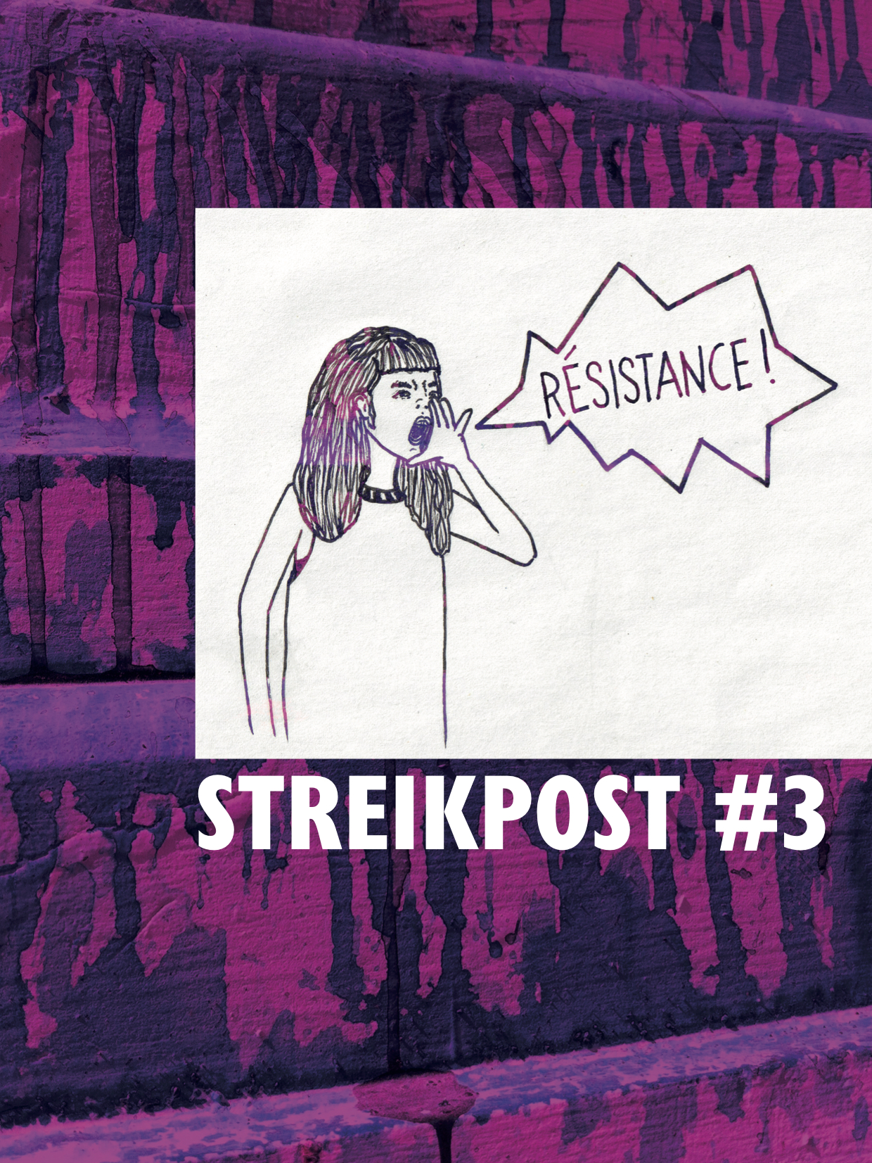 Titelbild Streikpost 3: gezeichnete Person mit Sprechblase "RÉSISTANCE!", lila Hintergrund