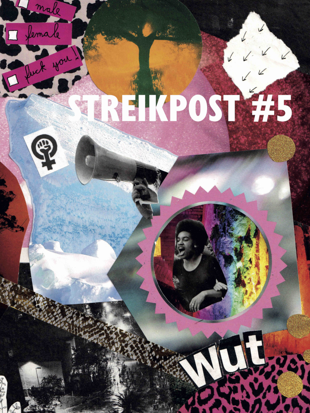 Titelbild Streikpost 5: Bunte Collage mit Megaphon, Frauenkampfzeichen und Aktivistin